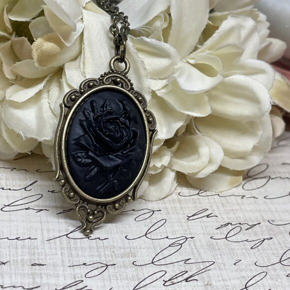 Halloween Gothic Viking Gift Birthday Bronze Necklace Black Rose Cameo  Jewelry - Picture 4 of 9